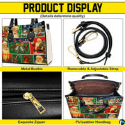 Feature collage showing metal buckles, removable shoulder strap, zipper, and interior.