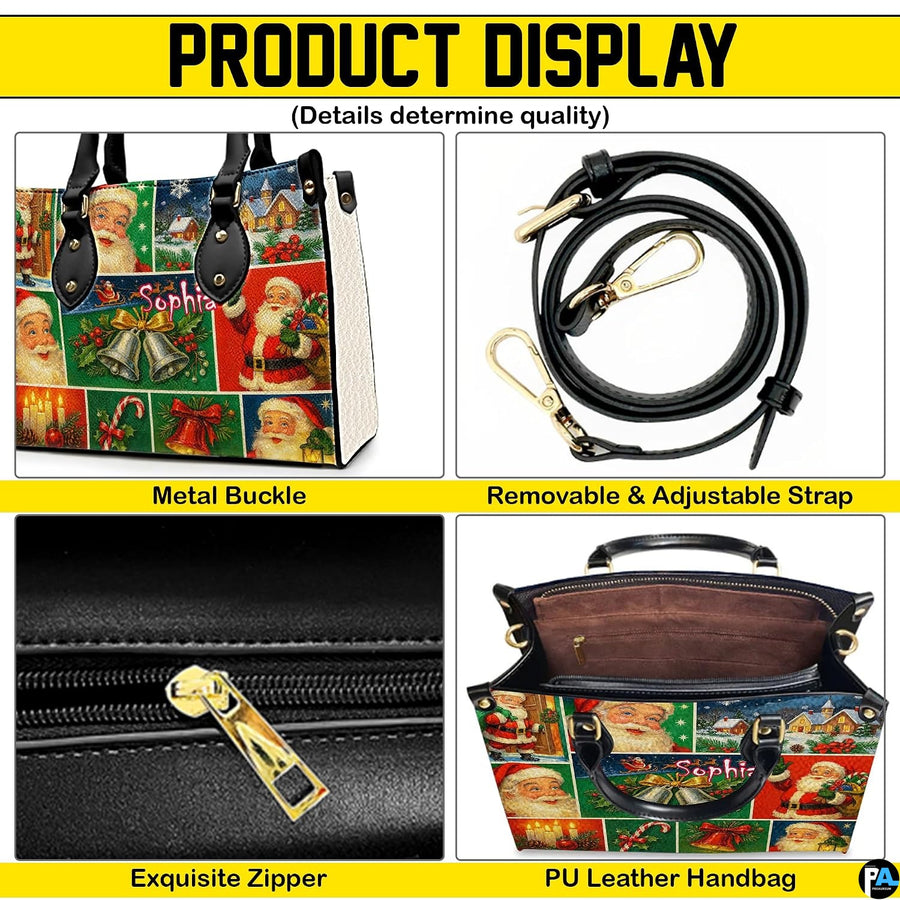 Feature collage showing metal buckles, removable shoulder strap, zipper, and interior.