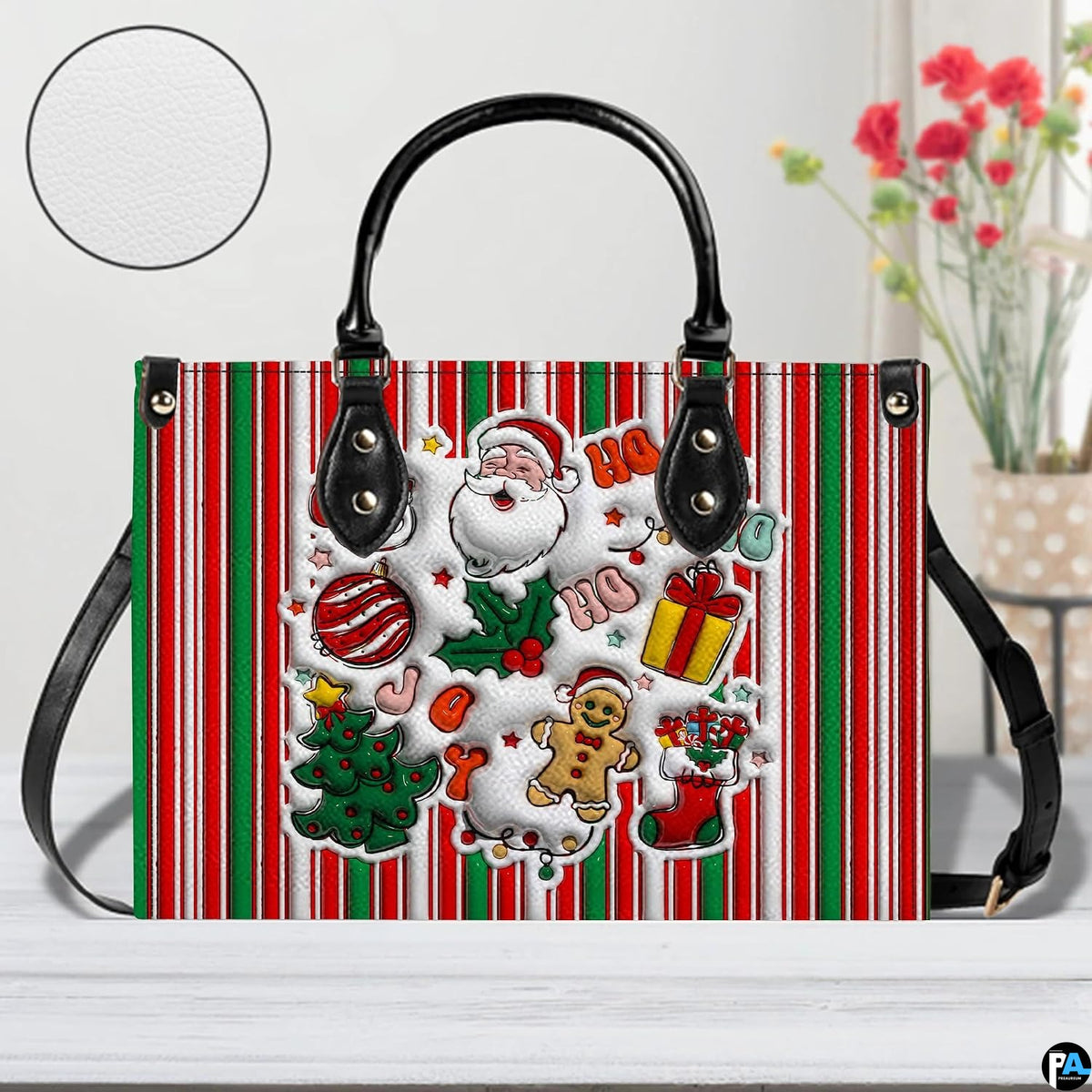 Holiday striped Santa handbag positioned on a light surface with floral background accents.