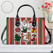 Holiday striped Santa handbag positioned on a light surface with floral background accents.