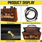 Four panel graphic illustrating buckle, detachable strap, pull tab, and interior layout.