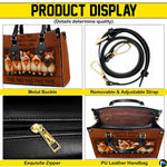 Four panel graphic illustrating buckle, detachable strap, pull tab, and interior layout.