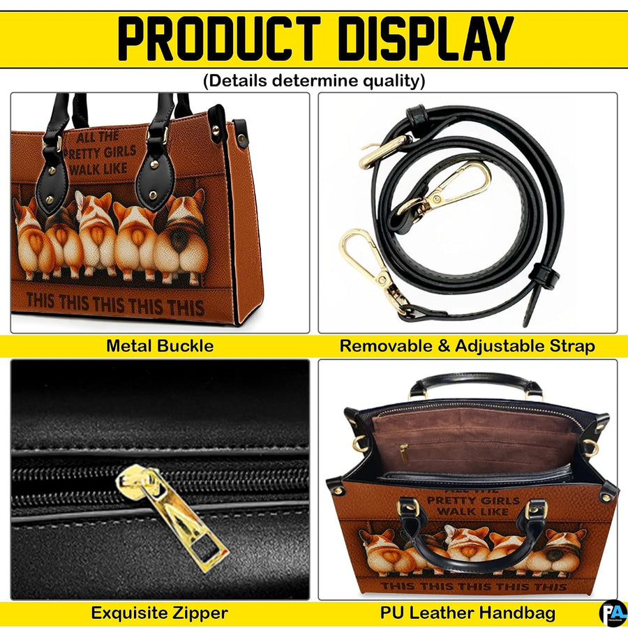 Four panel graphic illustrating buckle, detachable strap, pull tab, and interior layout.
