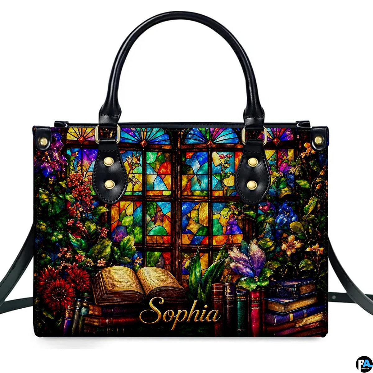 Lifestyle model perspective illustrating natural drape and proportion of the stained glass book accessory ensemble