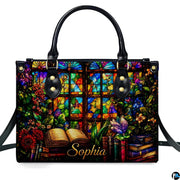 Lifestyle model perspective illustrating natural drape and proportion of the stained glass book accessory ensemble