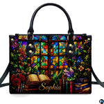 Lifestyle model perspective illustrating natural drape and proportion of the stained glass book accessory ensemble