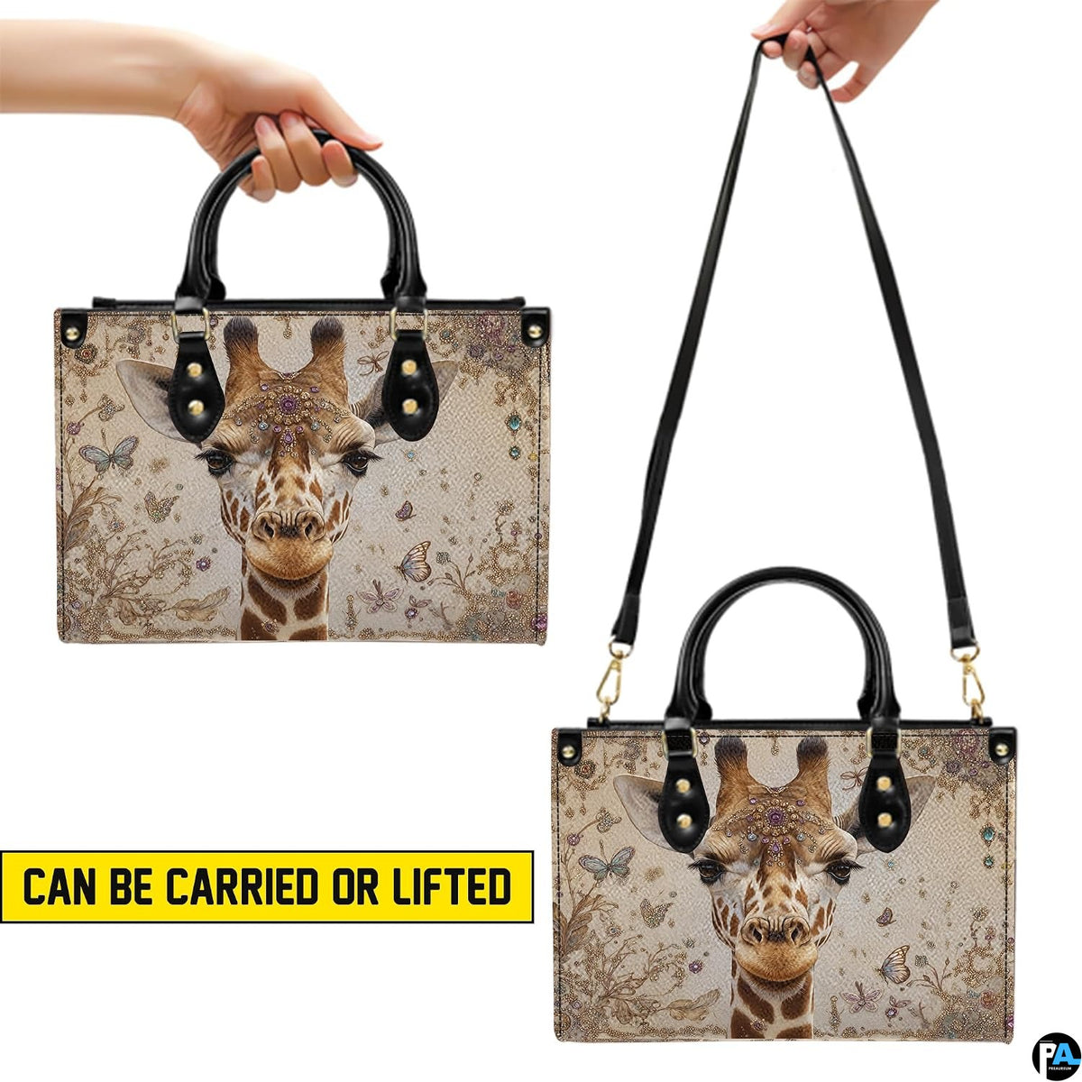 Top-down view of giraffe handbag showing dual handles and interior storage opening.
