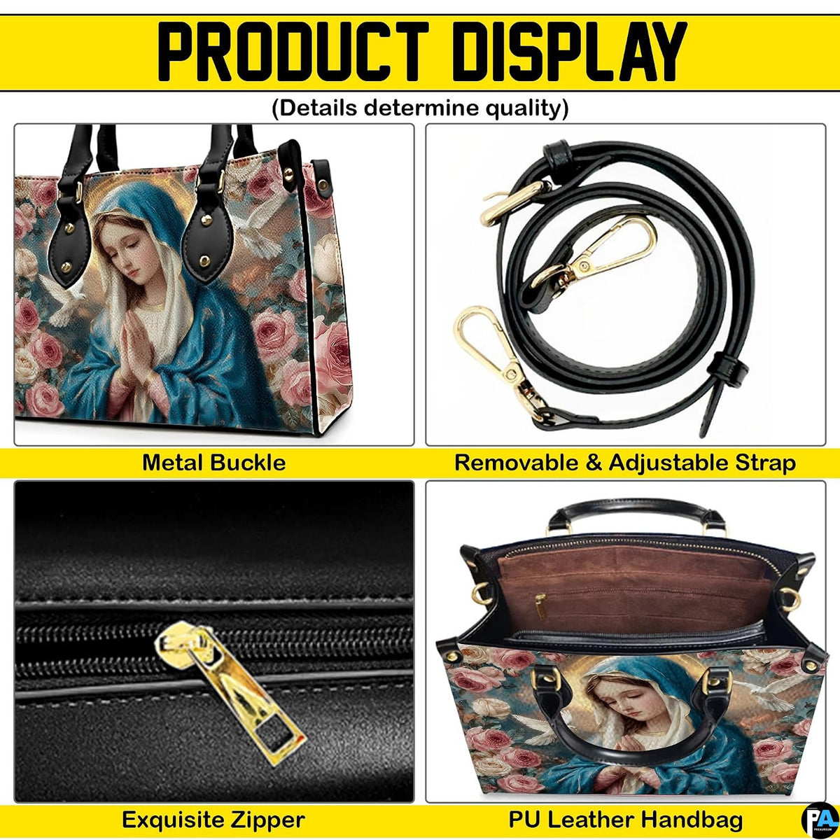 Product display infographic showing zipper, buckle, strap, and interior structure.