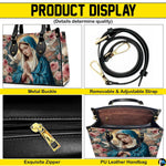 Product display infographic showing zipper, buckle, strap, and interior structure.