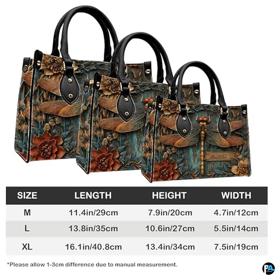 Personalized Animal Leather Handbag – Custom Name Flowers with 2D Print with 3D Effect – Gift for Gramma, Mom, Daughter