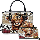 Rustic Highland Cow Leopard Bow Patchwork Handbag and Wallet Set