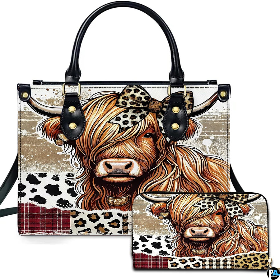 Highland Cow Leather Handbag Custom Cow Purse for Women Country Farm PU Leather Tote Gifts for Farmers Girls Mom Gift