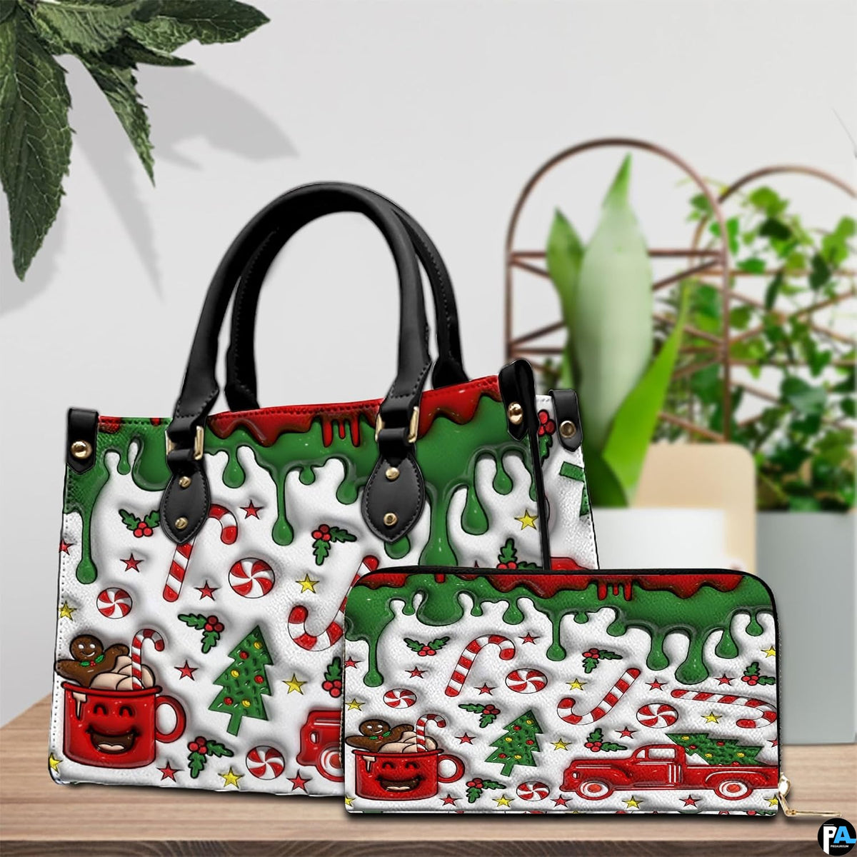 Festive accessory duo arranged together on a wooden tabletop next to potted green plants.