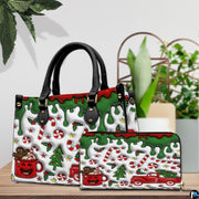 Festive accessory duo arranged together on a wooden tabletop next to potted green plants.
