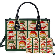 Front view of snowman patchwork handbag paired with coordinating zip-around snowman wallet.