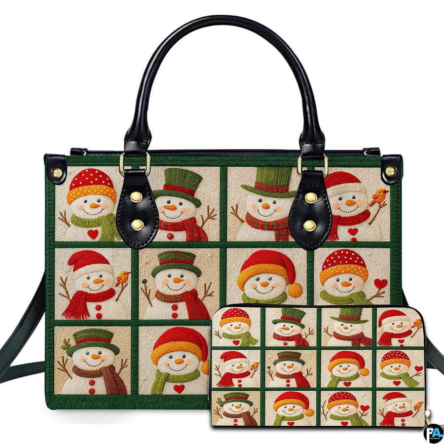 Front view of snowman patchwork handbag paired with coordinating zip-around snowman wallet.