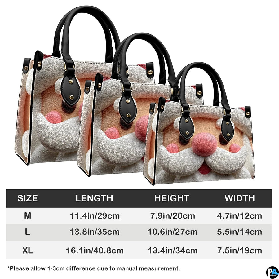 Size chart illustrating dimensions for medium, large, and extra-large sculpted Santa handbag options