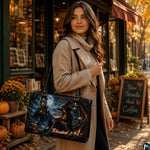 Lifestyle view of woman wearing gothic witch satchel on shoulder outside autumn bookstore with pumpkin display.