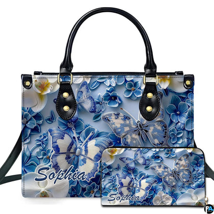 Blue and white porcelain butterfly handbag and matching wallet set