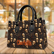 Perspective tabletop view showing structured silhouette and gothic botanical skull motif in cozy interior.