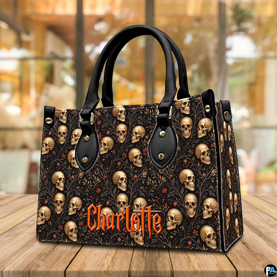 Perspective tabletop view showing structured silhouette and gothic botanical skull motif in cozy interior.