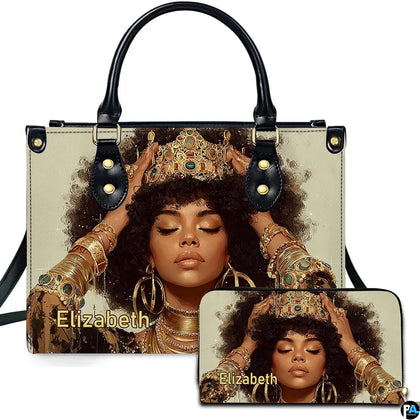 Jeweled crown afro portrait handbag and matching wallet in cream brown and gold
