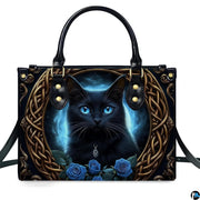 Frontal studio presentation showcasing the piercing blue-eyed cat, Celtic knot medallion, and blue roses.