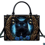 Frontal studio presentation showcasing the piercing blue-eyed cat, Celtic knot medallion, and blue roses.