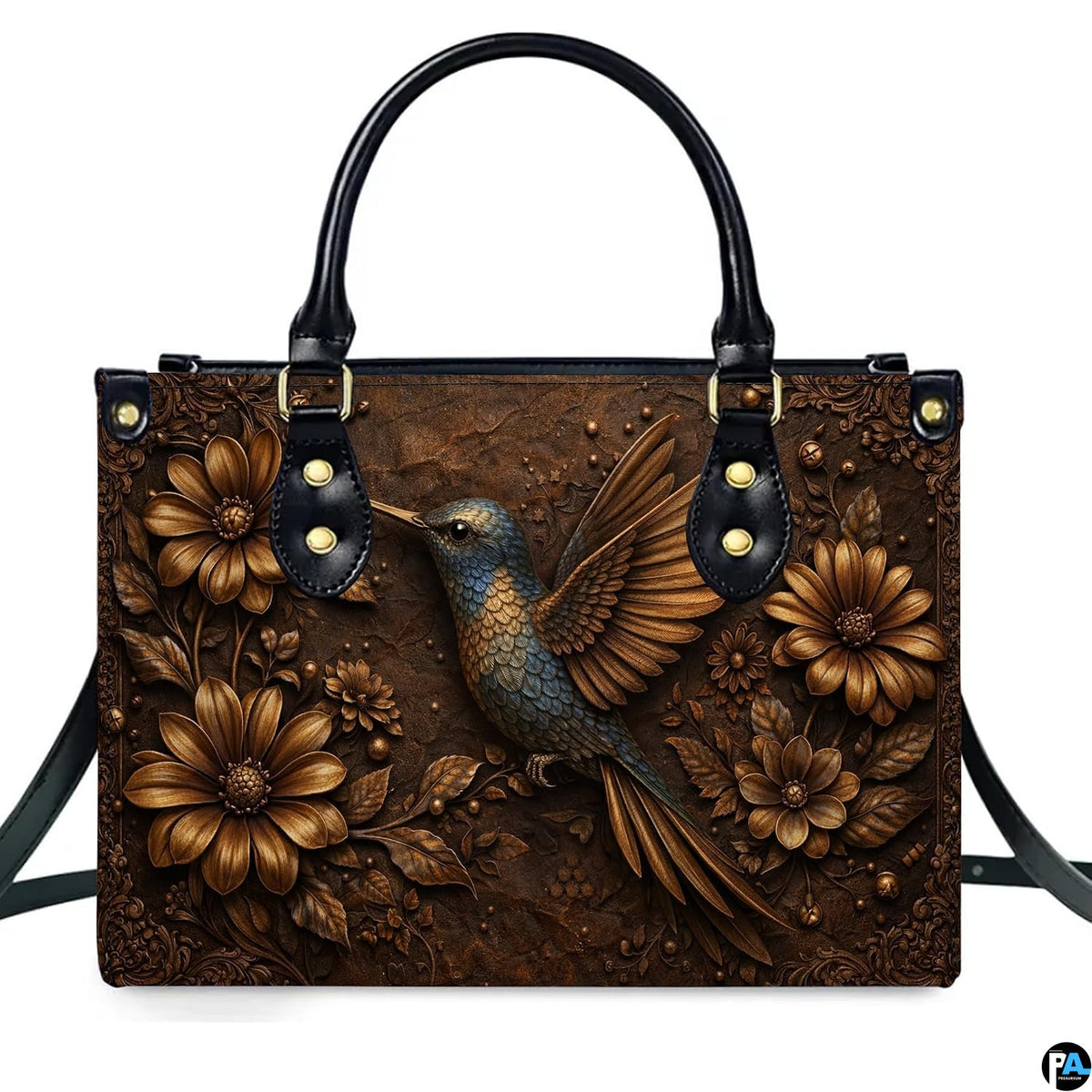Complete set presentation of embossed hummingbird handbag and matching wallet on neutral backdrop.