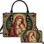 Front view of Byzantine jeweled Madonna handbag and matching wallet set with emerald and ruby accents