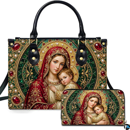 Front view of Byzantine jeweled Madonna handbag and matching wallet set with emerald and ruby accents