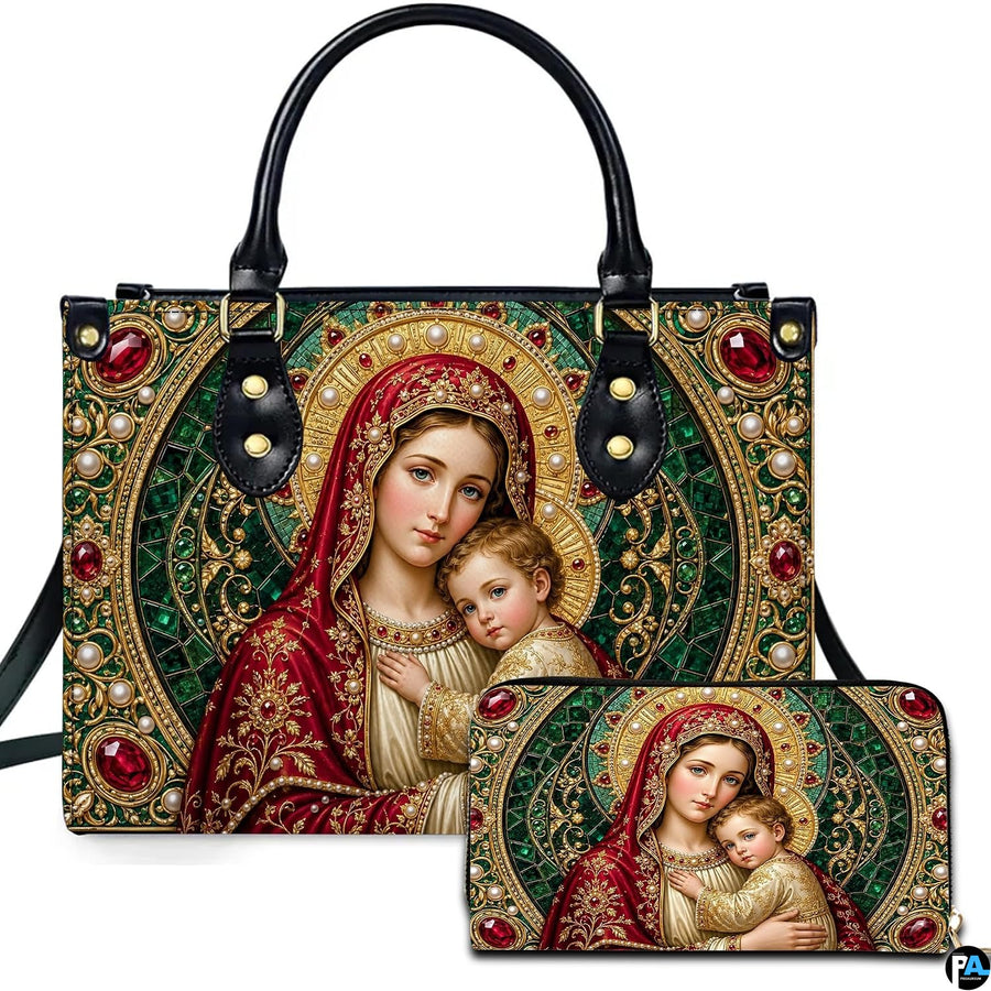 Front view of Byzantine jeweled Madonna handbag and matching wallet set with emerald and ruby accents