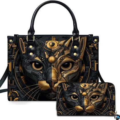 Top-handle handbag and matching zip wallet featuring a black and gold steampunk cat face illustration.