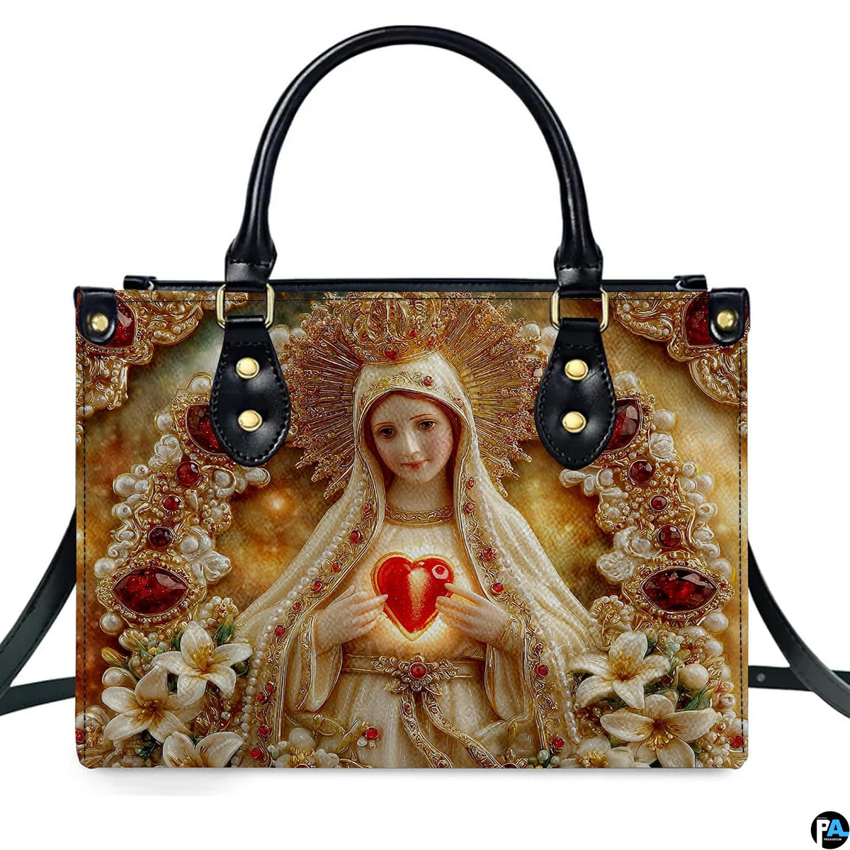 Handbag displayed outdoors showing intricate jeweled Fatima relief artwork.