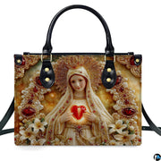 Handbag displayed outdoors showing intricate jeweled Fatima relief artwork.