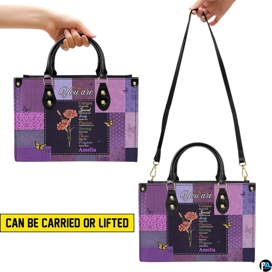 Detailed perspective of purple patchwork pattern on handbag and wallet accessories.