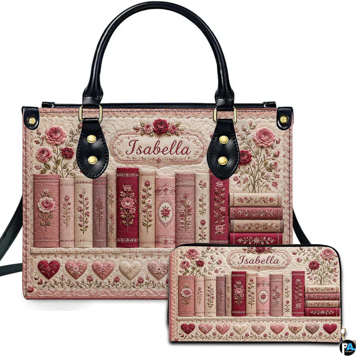 Faux-quilted book spines with embroidered roses and hearts on matching pink handbag and wallet set.