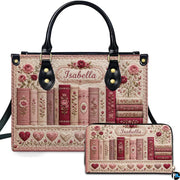 Faux-quilted book spines with embroidered roses and hearts on matching pink handbag and wallet set.