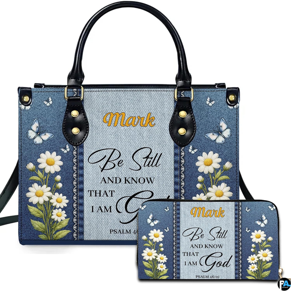 Front view of devotional accessory set showing two-tone denim panels, lace borders, daisy flowers, and verse art