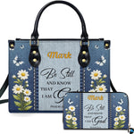 Front view of devotional accessory set showing two-tone denim panels, lace borders, daisy flowers, and verse art