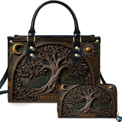 Moon and sun purse with leafy tree artwork and matching wallet