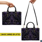 Demonstration banner illustrating handheld and shoulder carry styling for this gothic raven art accessory.