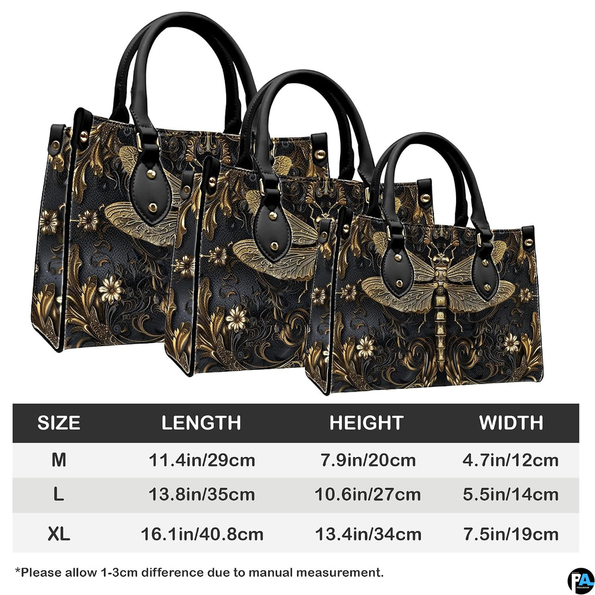 Handbag sizing chart comparing dimensions across Medium, Large, and Extra Large options