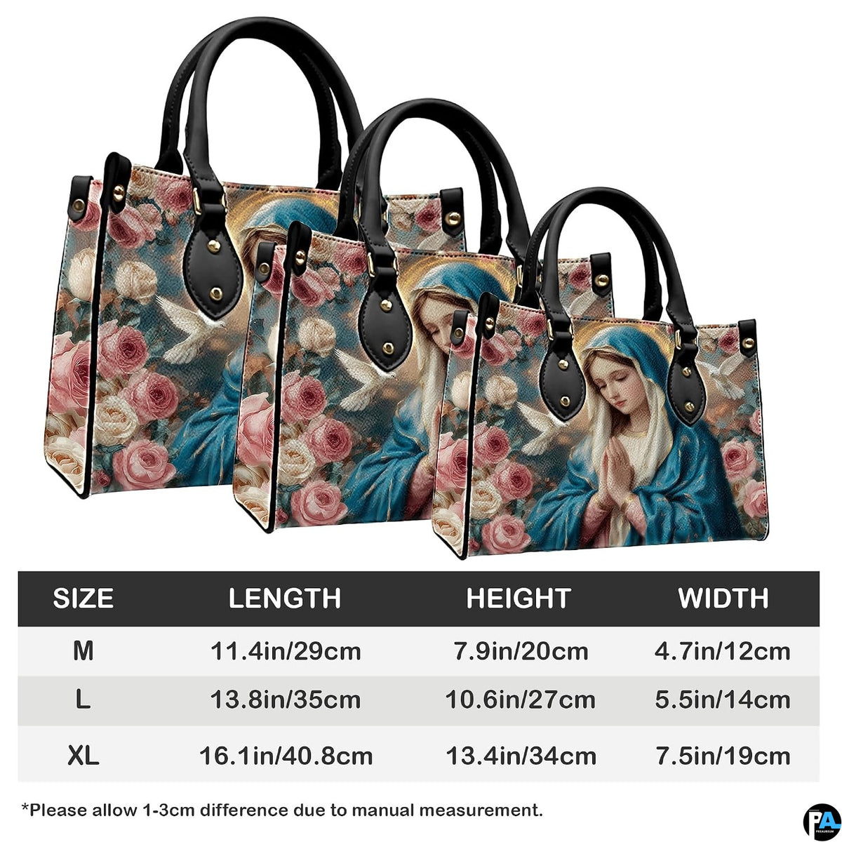Handbag dimension chart indicating medium, large, and extra large size measurements.
