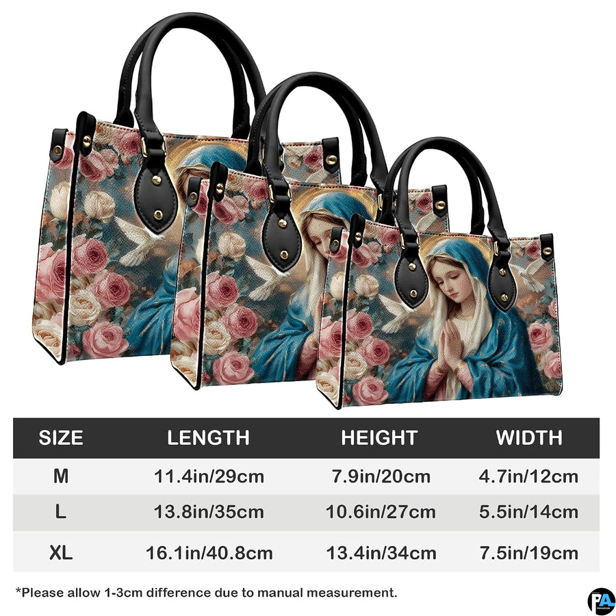 Handbag dimension chart indicating medium, large, and extra large size measurements.
