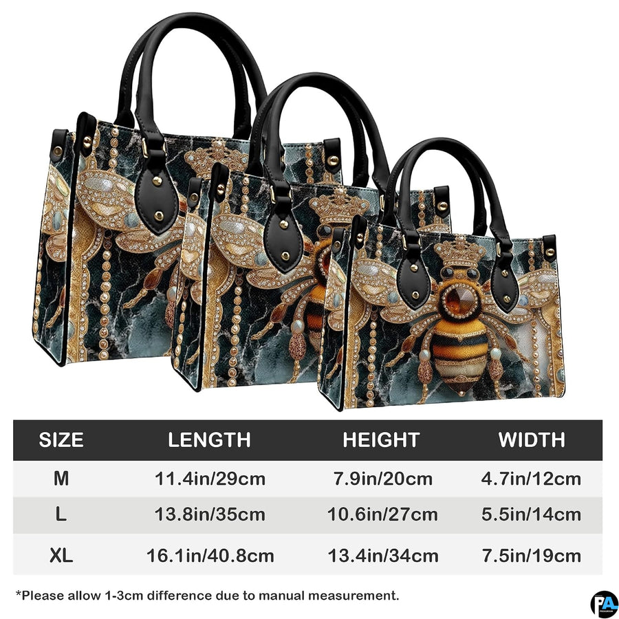 Angle perspective view of the handbag highlighting side depth and printed emerald texture.