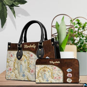 Custom Catholic Virgin Mary Leather Bag, Personalized Name Handbags and Purses for Christian Women Religious Bag Gifts