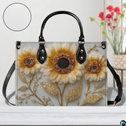 Top down view of sunflower handbag showing zipper closure and interior opening.
