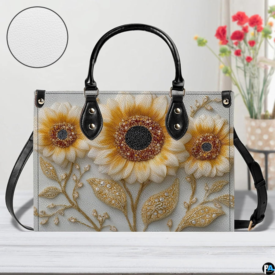 Top down view of sunflower handbag showing zipper closure and interior opening.