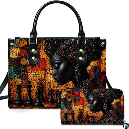 Front view showing regal Afrocentric chess queen portrait beside matching accessory surface.